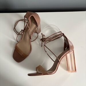 2/$15 Aldo Tan Strappy Heels with Clear Block Heel